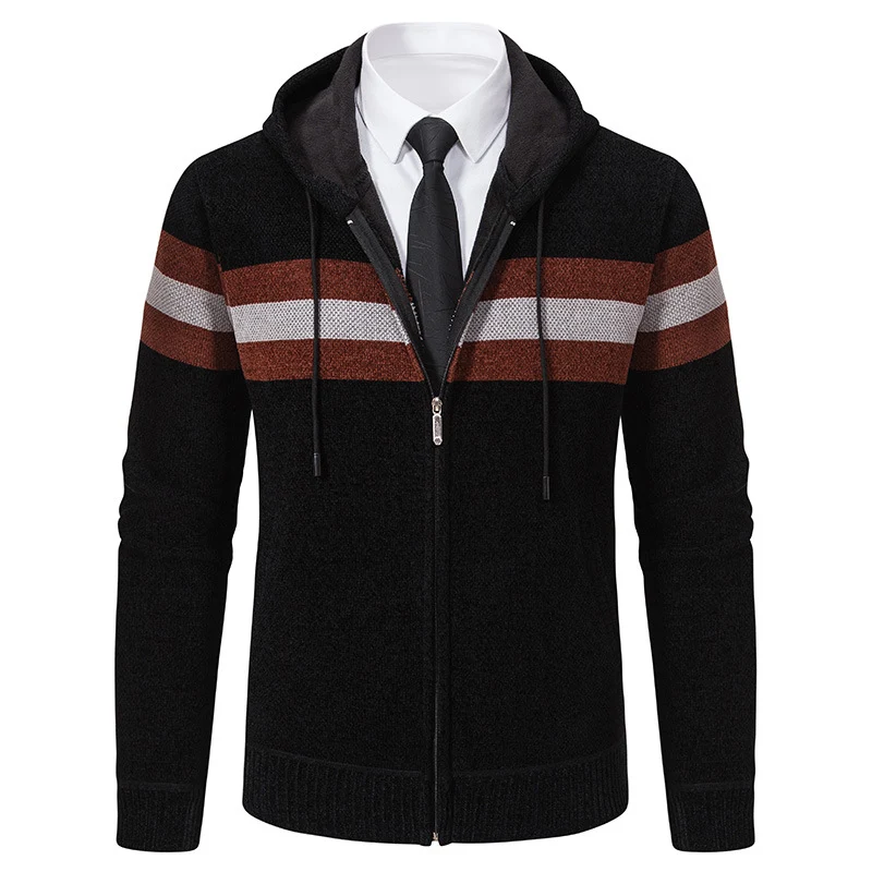 Herren Gestrickte Kapuzen-Strickjacke mit Kontraststreifen und Reißverschluss Nord Taschen