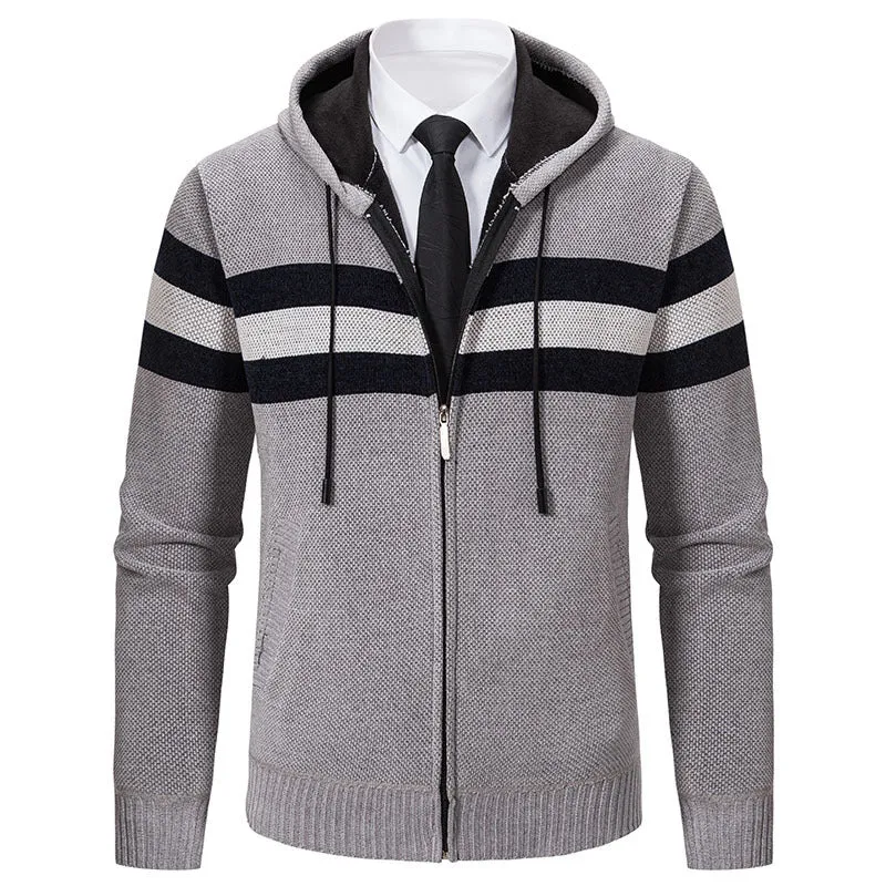 Herren Gestrickte Kapuzen-Strickjacke mit Kontraststreifen und Reißverschluss Nord Taschen