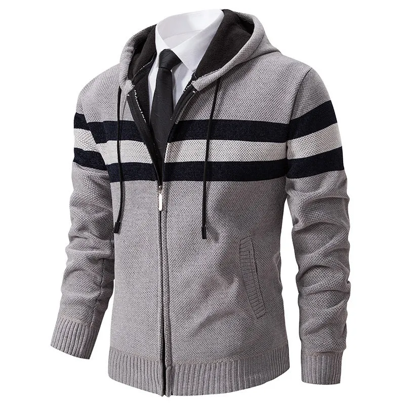 Herren Gestrickte Kapuzen-Strickjacke mit Kontraststreifen und Reißverschluss Nord Taschen
