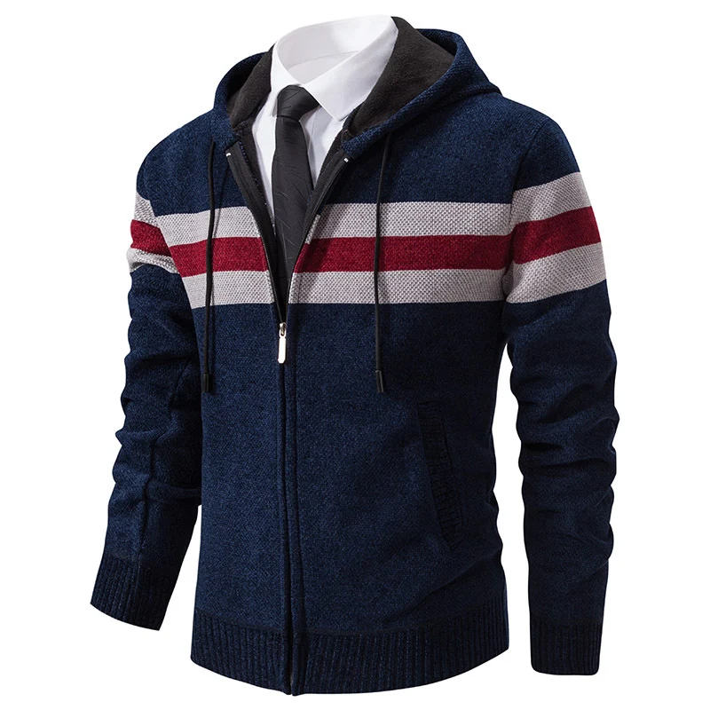 Herren Gestrickte Kapuzen-Strickjacke mit Kontraststreifen und Reißverschluss Nord Taschen