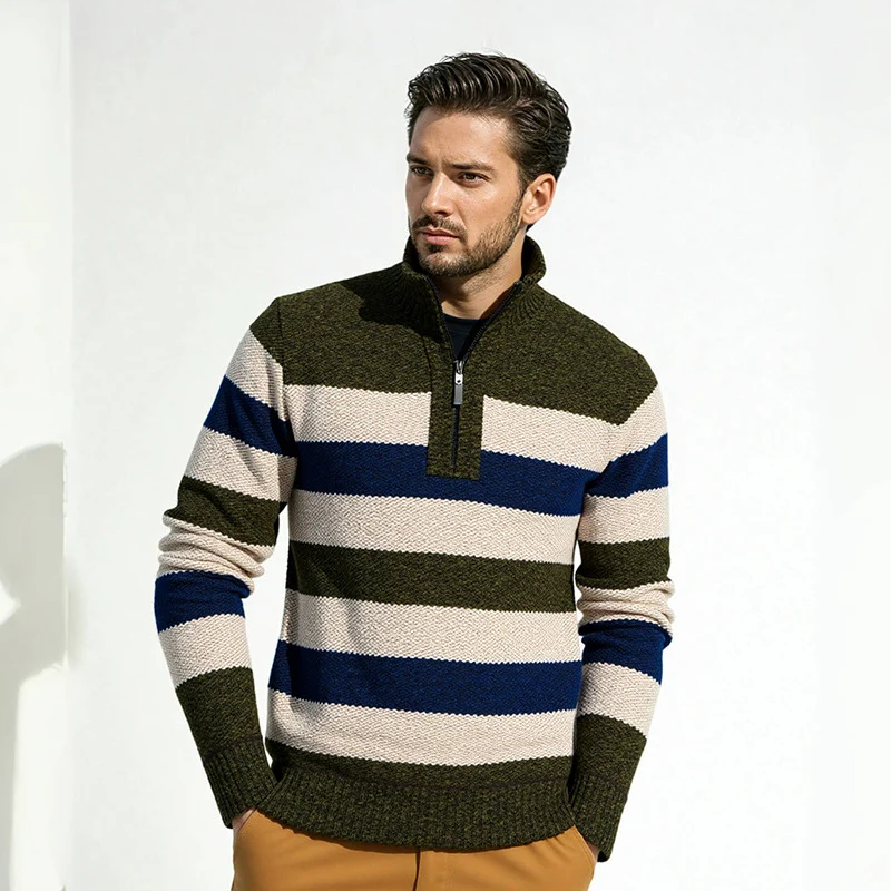 Herren Gestreifter Halbzip-Strickpullover mit Stehkragen und robuster Struktur Nord Taschen