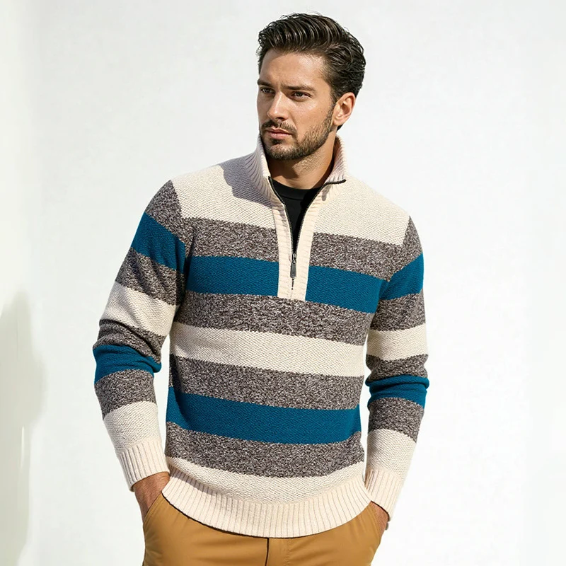 Herren Gestreifter Halbzip-Strickpullover mit Stehkragen und robuster Struktur Nord Taschen