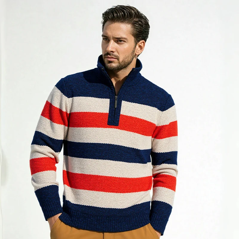Herren Gestreifter Halbzip-Strickpullover mit Stehkragen und robuster Struktur Nord Taschen