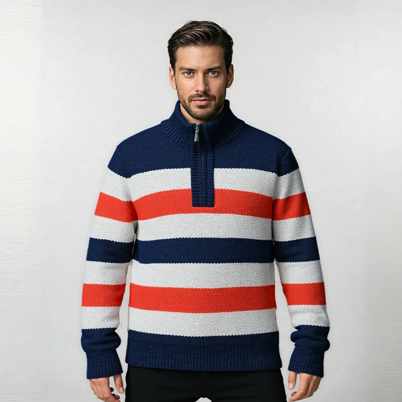 Herren Gestreifter Halbzip-Strickpullover mit Stehkragen und robuster Struktur Nord Taschen