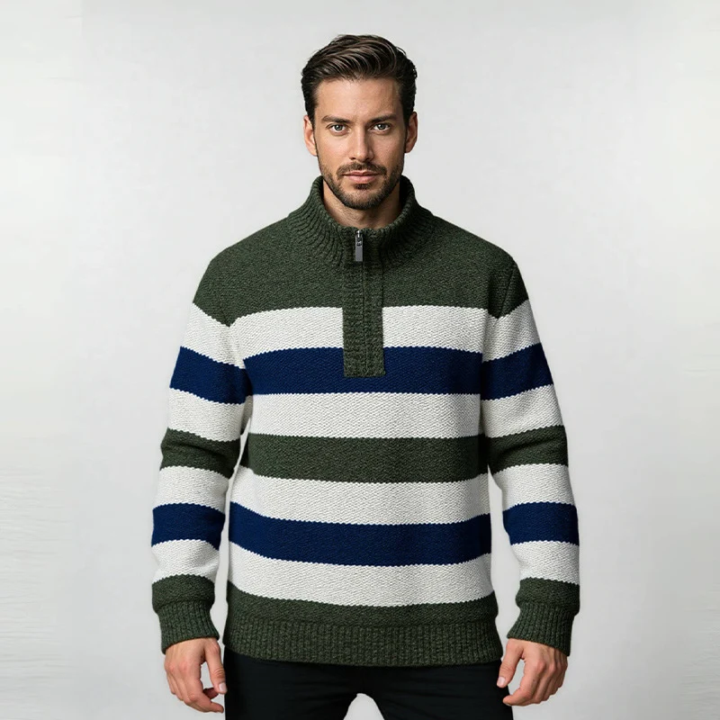 Herren Gestreifter Halbzip-Strickpullover mit Stehkragen und robuster Struktur Nord Taschen