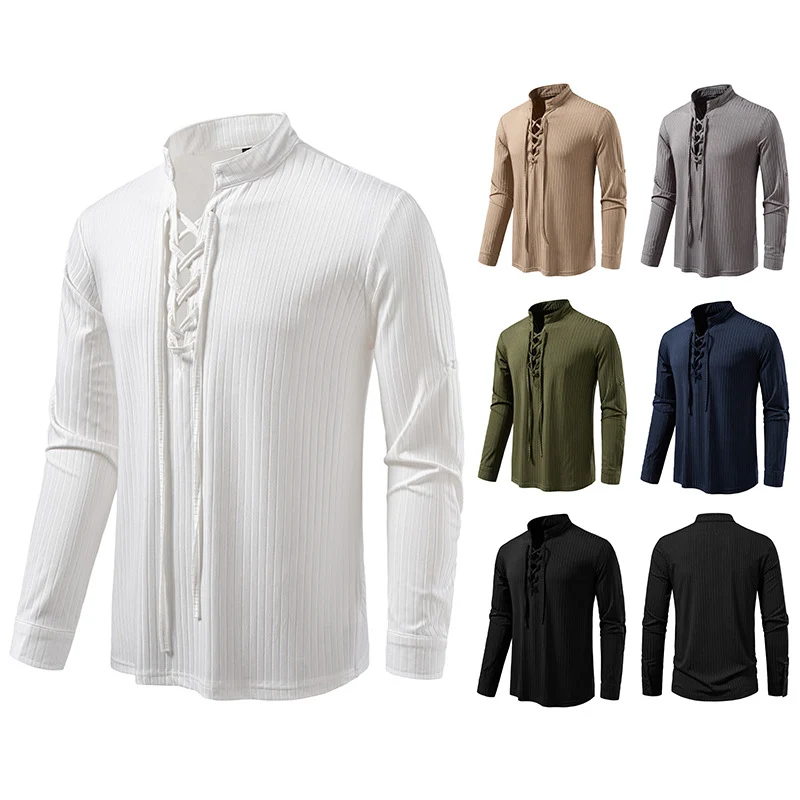 Herren Geripptes Langarm-Henleyshirt mit Schnürung und Stehkragen Nord Taschen