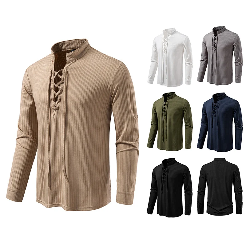 Herren Geripptes Langarm-Henleyshirt mit Schnürung und Stehkragen Nord Taschen
