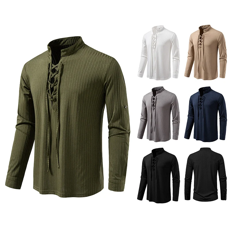 Herren Geripptes Langarm-Henleyshirt mit Schnürung und Stehkragen Nord Taschen
