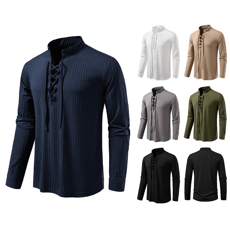 Herren Geripptes Langarm-Henleyshirt mit Schnürung und Stehkragen Nord Taschen
