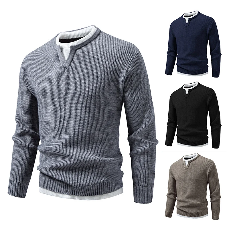 Herren Gerippter Strickpullover mit V-Notch und Lagenlook Nord Taschen