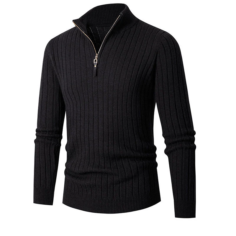 Herren Gerippter Feinstrick-Halbzip-Pullover mit hohem Kragen und Reißverschluss Nord Taschen