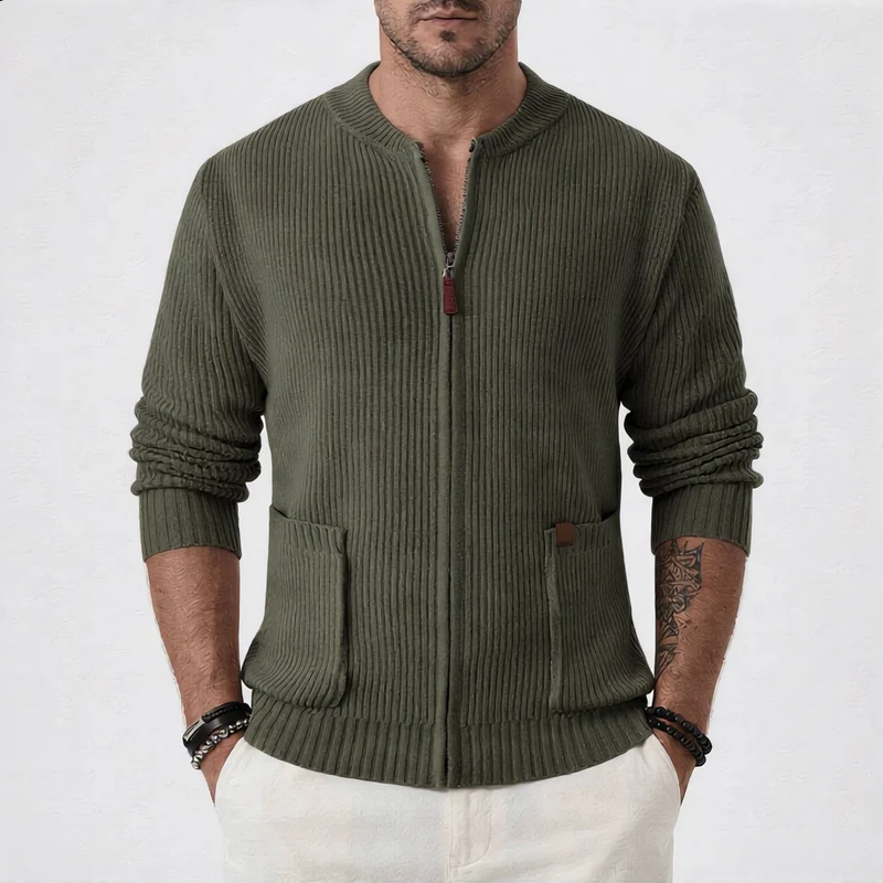 Herren Gerippte Strickjacke mit Frontreißverschluss und aufgesetzten Taschen Nord Taschen