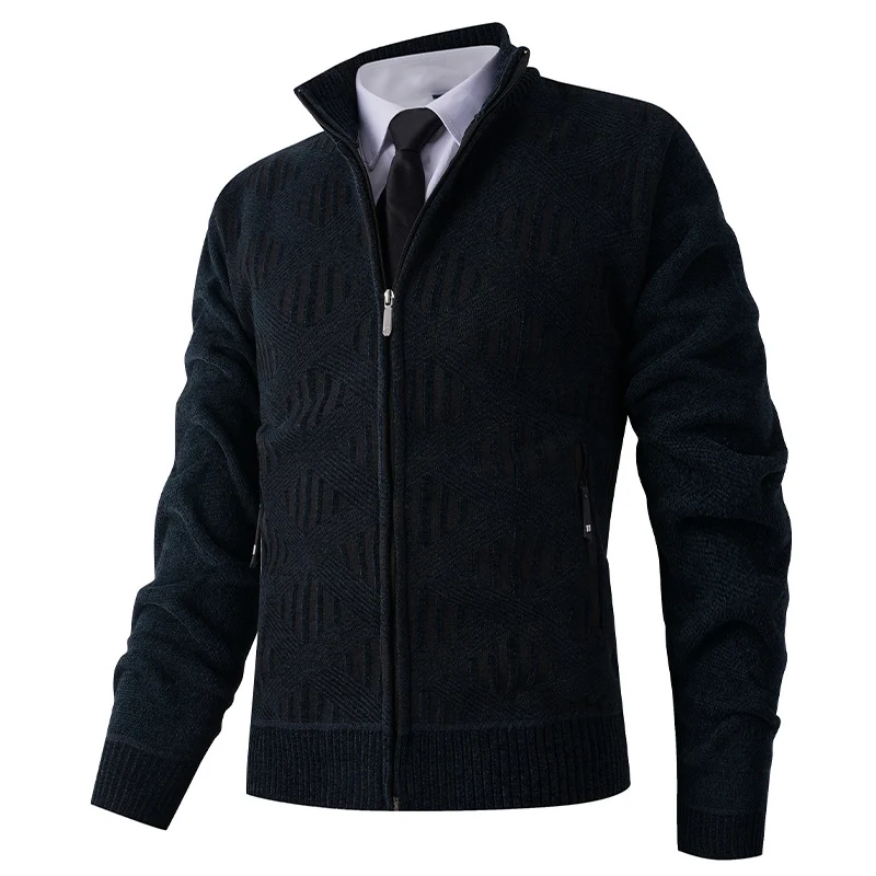 Herren Geometrischer Jacquard-Zipcardigan mit Stehkragen und Reißverschlusstaschen Nord Taschen