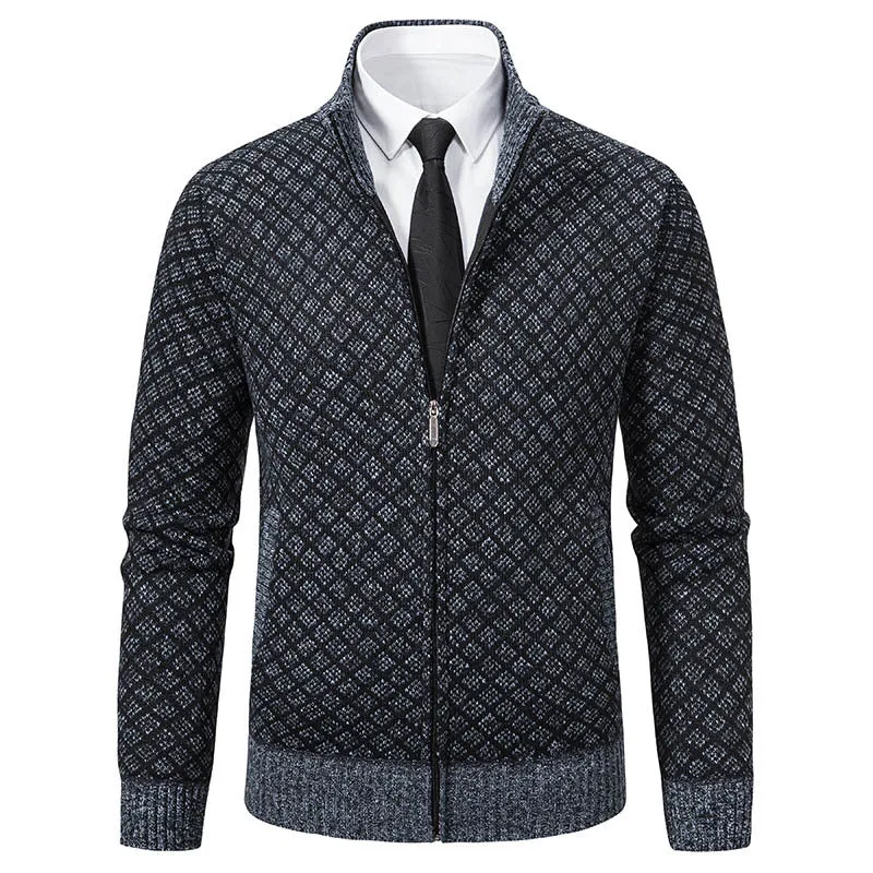 Herren Gemusterte Strickzipjacke mit Stehkragen, Jacquardmuster und Rippbündchen Nord Taschen