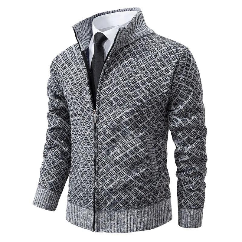 Herren Gemusterte Strickzipjacke mit Stehkragen, Jacquardmuster und Rippbündchen Nord Taschen