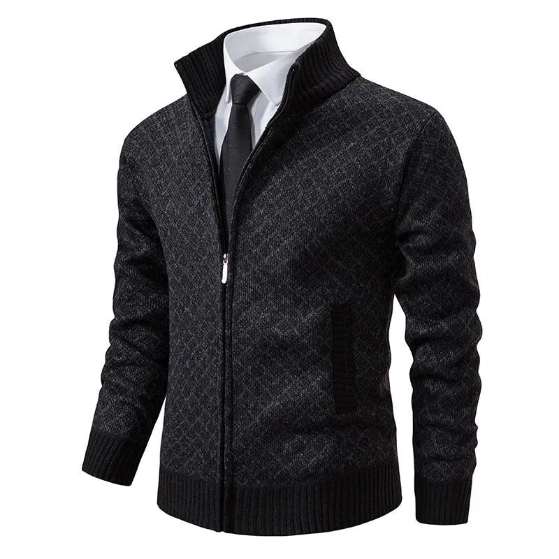 Herren Gemusterte Strickzipjacke mit Stehkragen, Jacquardmuster und Rippbündchen Nord Taschen