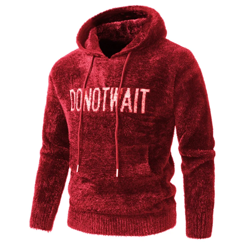 Herren Flauschiger Kapuzenpullover aus Teddy-Fleece mit Statement-Frontprint und Kängurutasche Nord Taschen