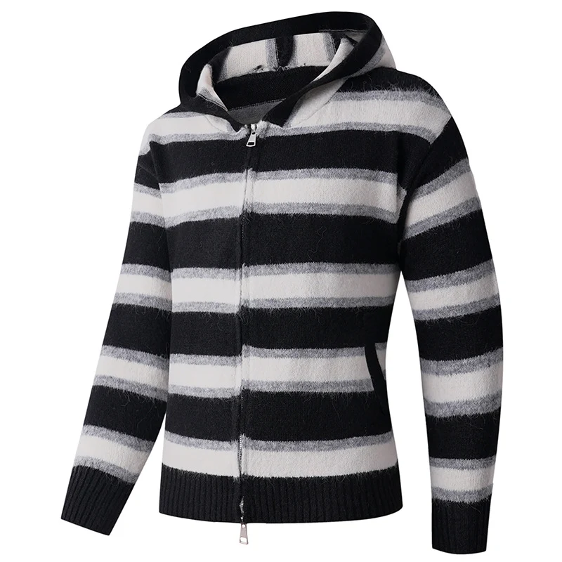 Herren Flauschige Kapuzen‑Strickjacke mit Doppelreißverschluss, Rippbündchen und horizontalem Streifenmuster Nord Taschen