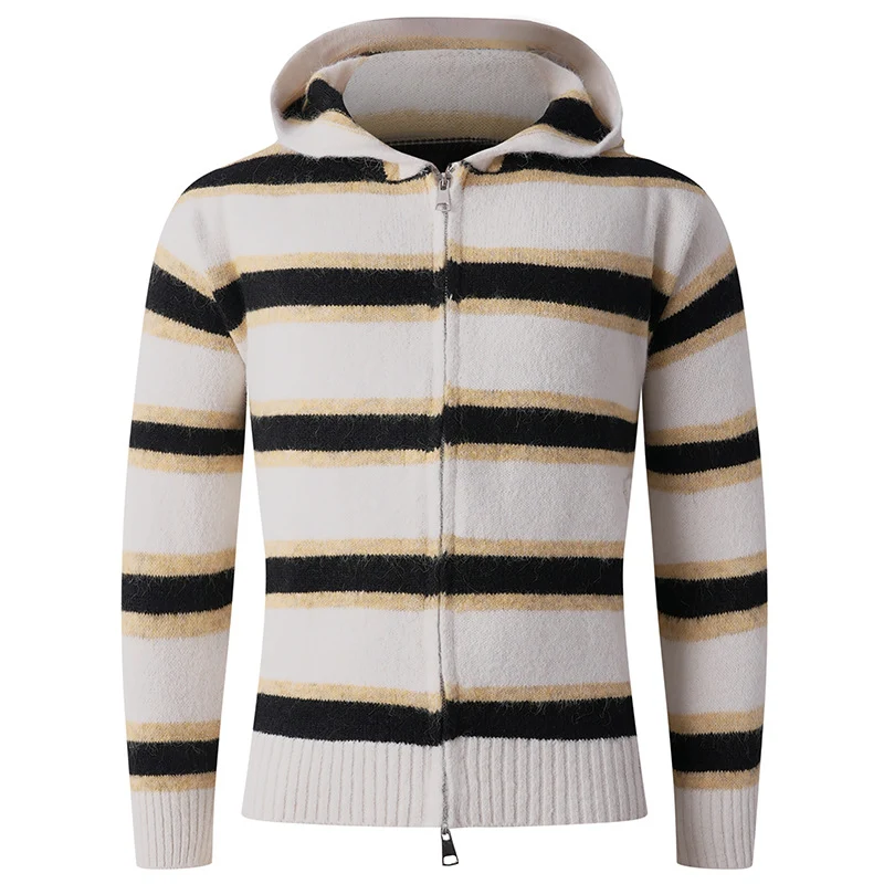 Herren Flauschige Kapuzen‑Strickjacke mit Doppelreißverschluss, Rippbündchen und horizontalem Streifenmuster Nord Taschen