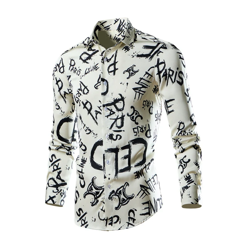 Herren Figurbetontes Langarm-Hemd mit abstraktem Linienprint und Kentkragen Nord Taschen