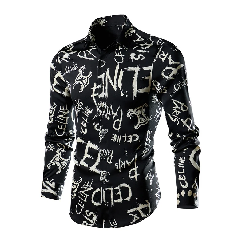 Herren Figurbetontes Langarm-Hemd mit abstraktem Linienprint und Kentkragen Nord Taschen