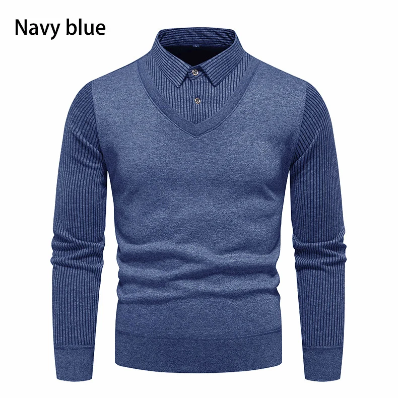 Herren Figurbetonter V‑Ausschnitt-Pullover mit integriertem Hemdkragen und gerippten Ärmeln Nord Taschen