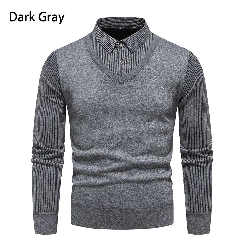 Herren Figurbetonter V‑Ausschnitt-Pullover mit integriertem Hemdkragen und gerippten Ärmeln Nord Taschen