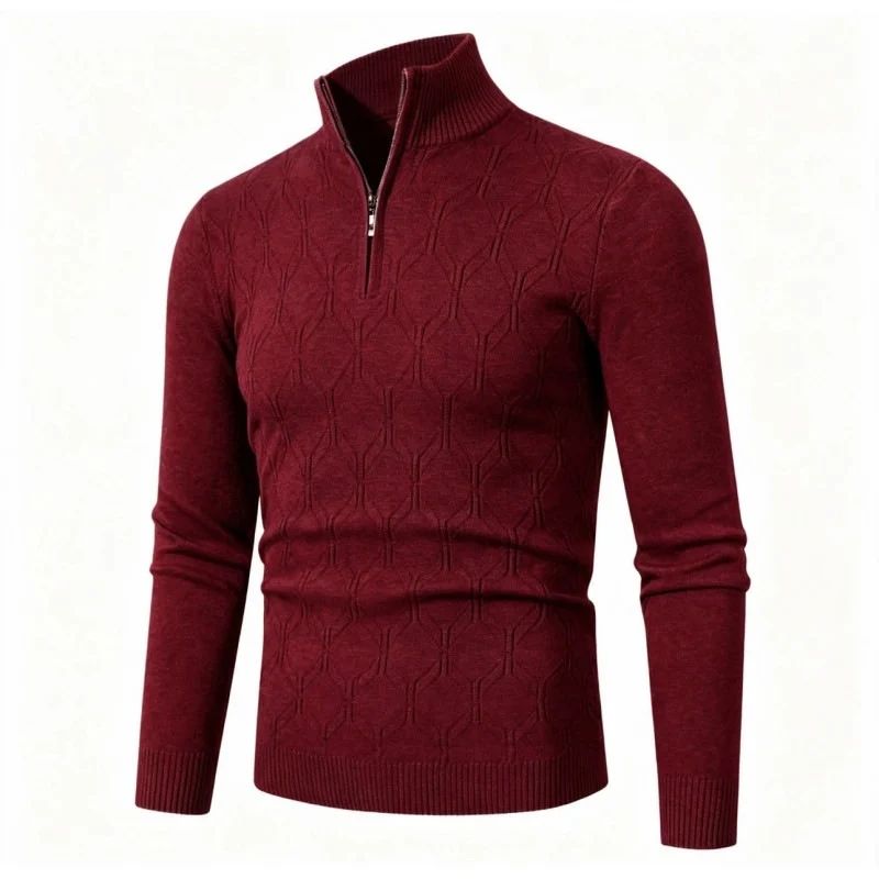 Herren Figurbetonter Stehkragenpullover mit halbem Reißverschluss und geometrischem Strukturstrick Nord Taschen