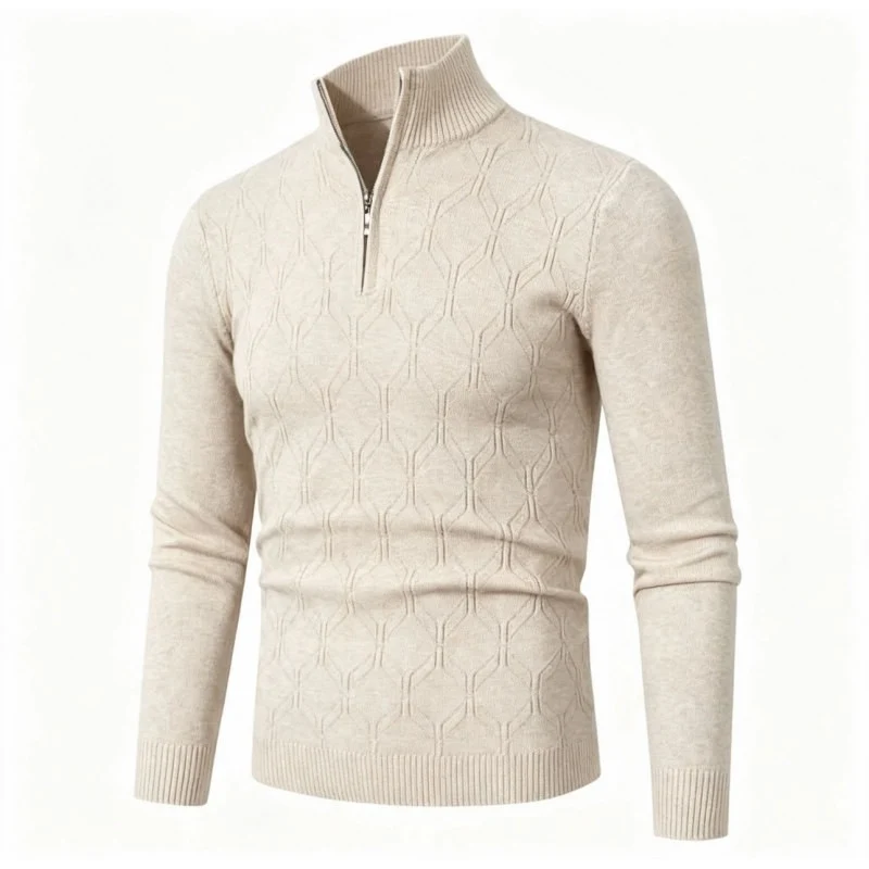Herren Figurbetonter Stehkragenpullover mit halbem Reißverschluss und geometrischem Strukturstrick Nord Taschen