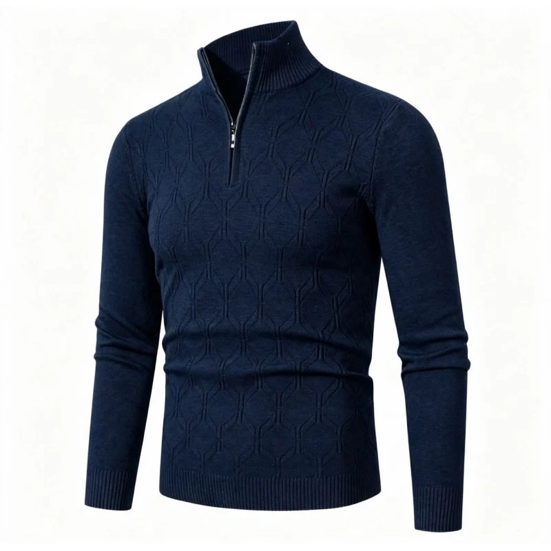 Herren Figurbetonter Stehkragenpullover mit halbem Reißverschluss und geometrischem Strukturstrick Nord Taschen