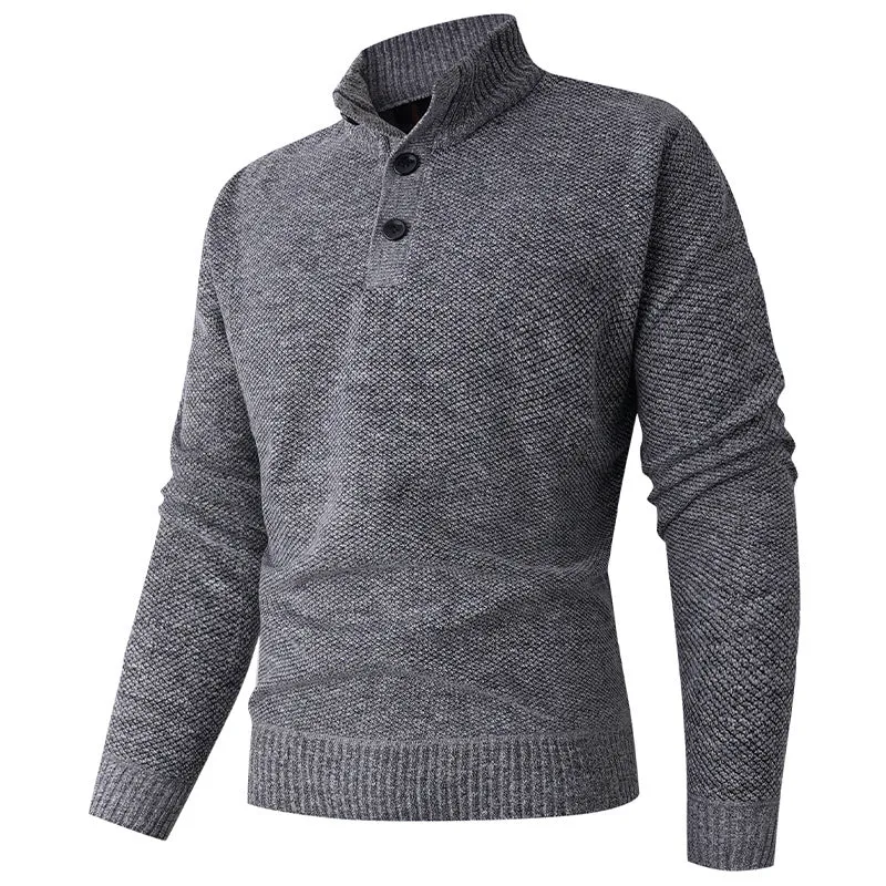 Herren Feinstruktur-Strickpullover mit Stehkragen und zweifacher Knopfleiste Nord Taschen