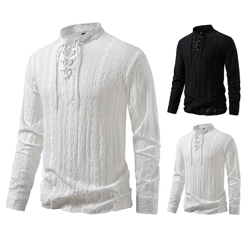 Herren Feinstruktur Henley-Langarmshirt mit Schnürung und Stehkragen Nord Taschen