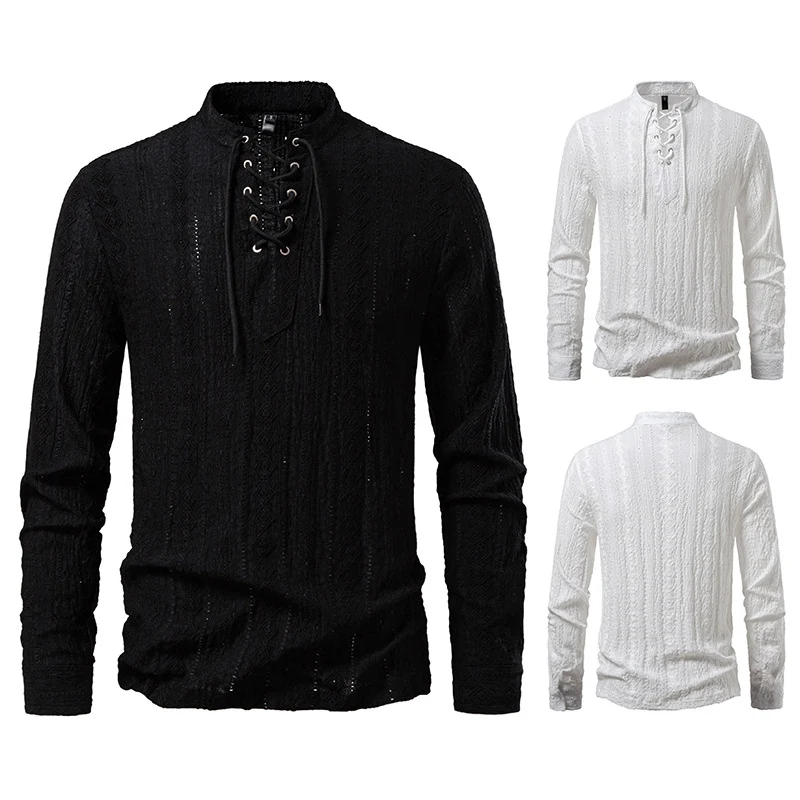 Herren Feinstruktur Henley-Langarmshirt mit Schnürung und Stehkragen Nord Taschen