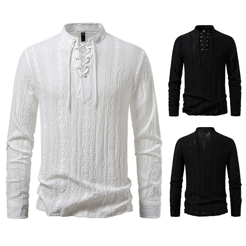 Herren Feinstruktur Henley-Langarmshirt mit Schnürung und Stehkragen Nord Taschen