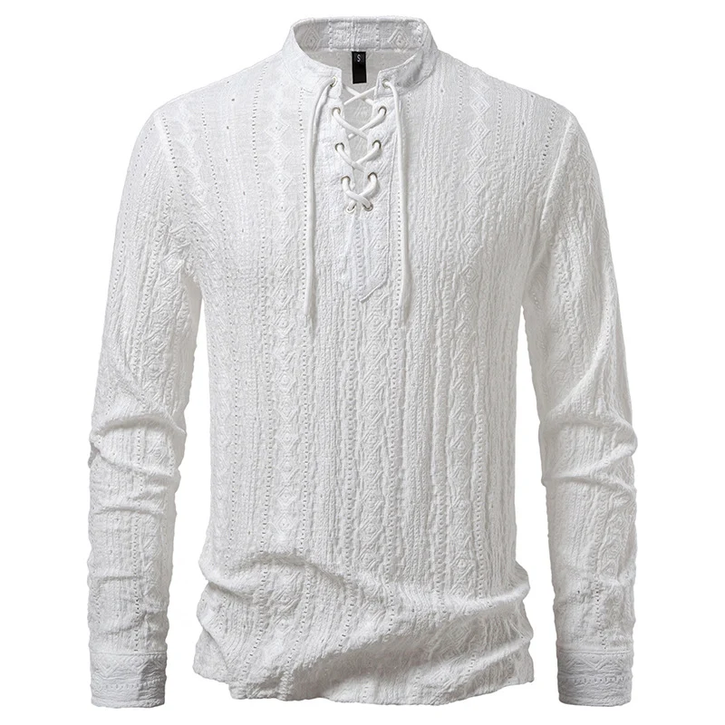 Herren Feinstruktur Henley-Langarmshirt mit Schnürung und Stehkragen Nord Taschen