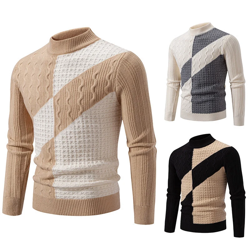 Herren Feinstrickpullover mit Zopfmuster, diagonalem Blockdesign und Stehkragen Nord Taschen