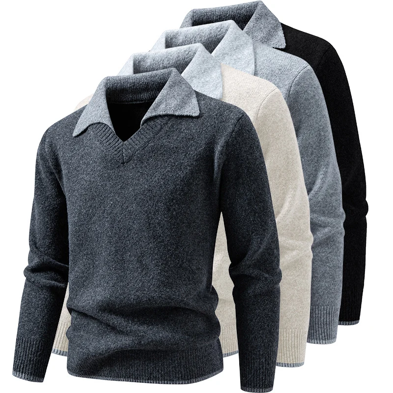 Herren Feinstrickpullover mit Hemdkragen und V‑Ausschnitt Nord Taschen