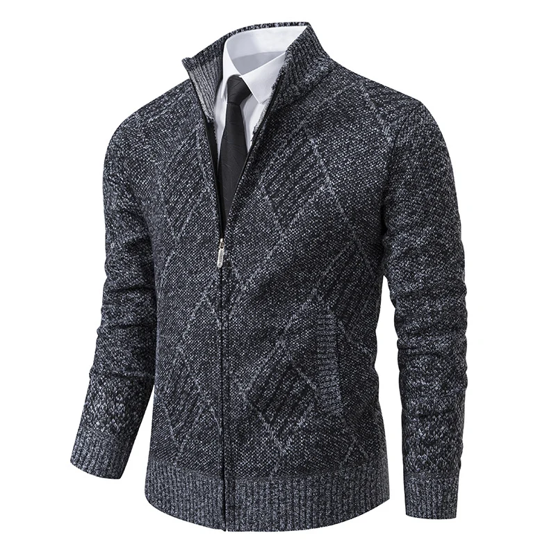 Herren Feinstrick-Zipjacke mit strukturierter Rautenoptik, Stehkragen und durchgehendem Reißverschluss Nord Taschen