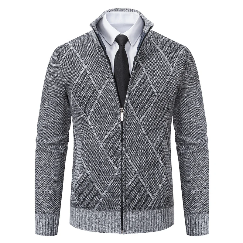Herren Feinstrick-Zipjacke mit strukturierter Rautenoptik, Stehkragen und durchgehendem Reißverschluss Nord Taschen