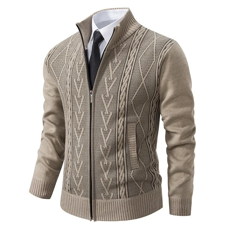Herren Feinstrick-Zipjacke mit geometrischem Jacquardmuster, Stehkragen und Eingrifftaschen Nord Taschen