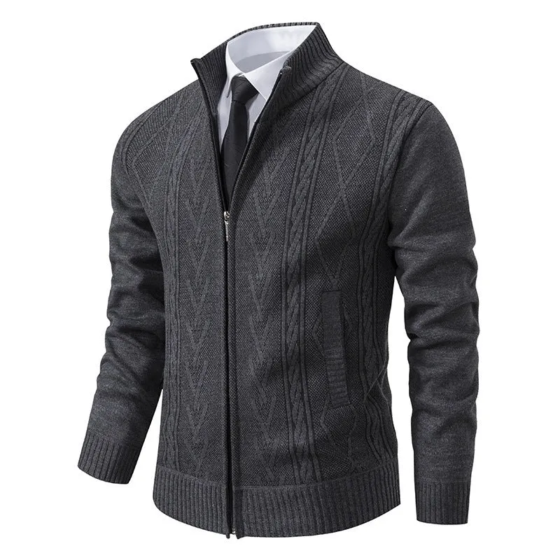 Herren Feinstrick-Zipjacke mit geometrischem Jacquardmuster, Stehkragen und Eingrifftaschen Nord Taschen