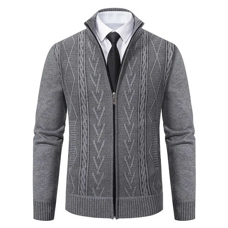 Herren Feinstrick-Zipjacke mit geometrischem Jacquardmuster, Stehkragen und Eingrifftaschen Nord Taschen