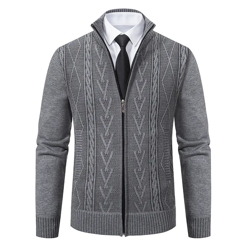 Herren Feinstrick-Zipjacke mit geometrischem Jacquardmuster, Stehkragen und Eingrifftaschen Nord Taschen