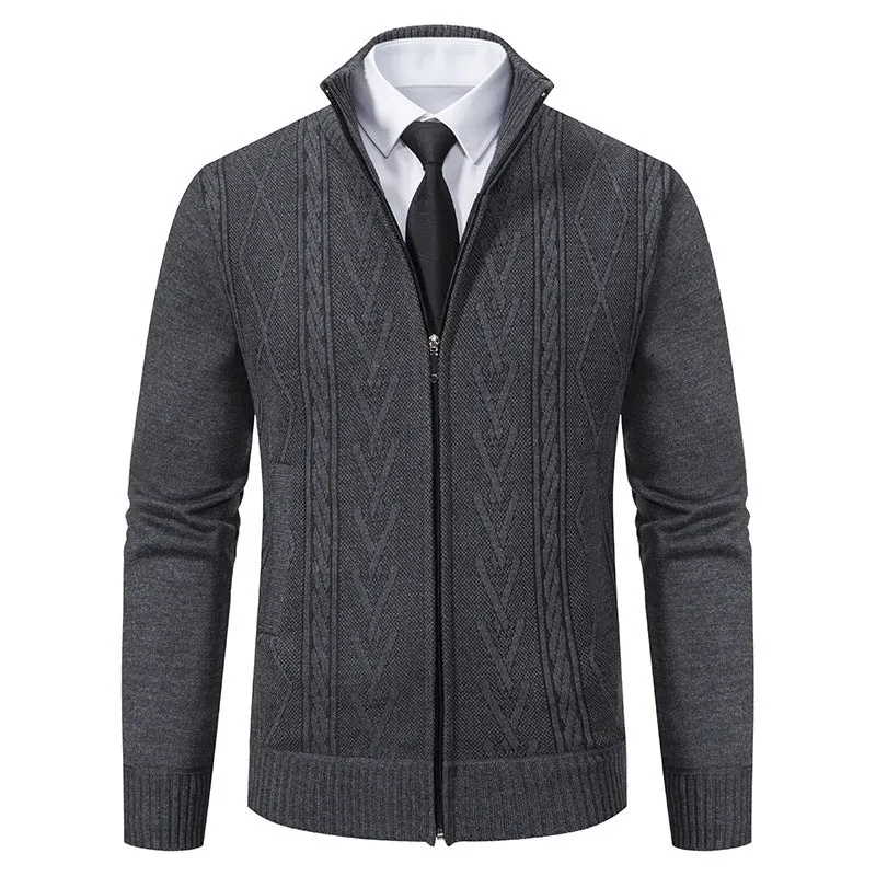 Herren Feinstrick-Zipjacke mit geometrischem Jacquardmuster, Stehkragen und Eingrifftaschen Nord Taschen