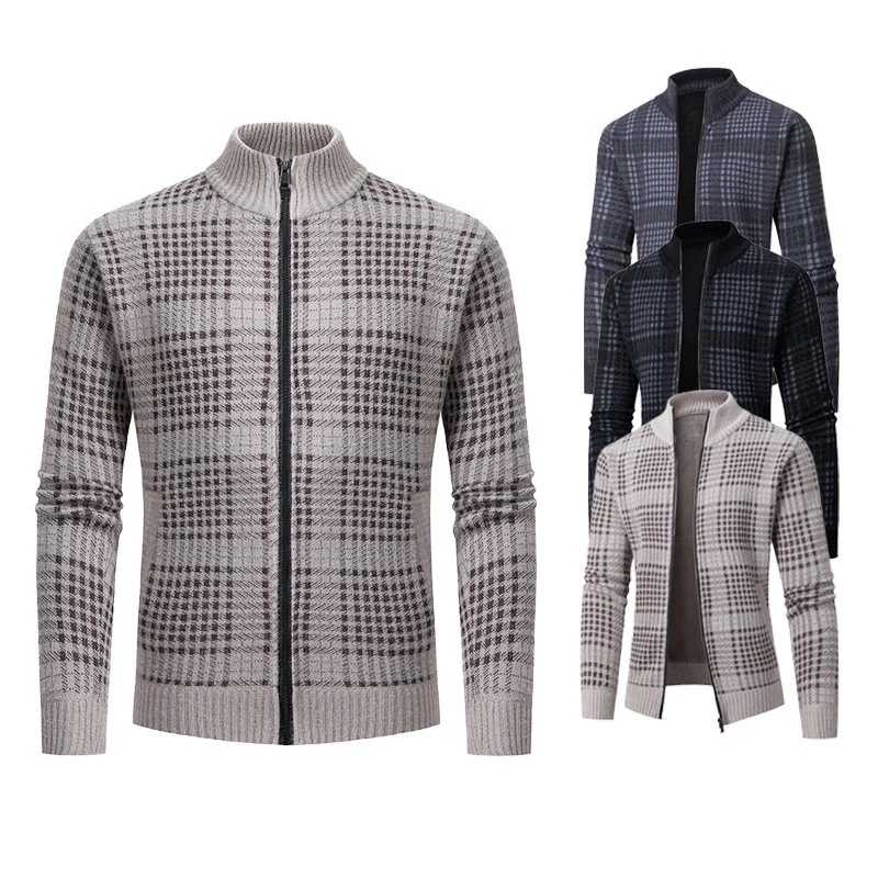 Herren Feinstrick-Zipcardigan mit Glencheck‑Muster, Stehkragen und Zwei‑Wege‑Reißverschluss Nord Taschen