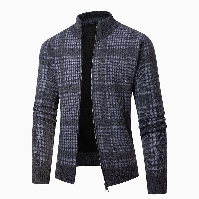 Herren Feinstrick-Zipcardigan mit Glencheck‑Muster, Stehkragen und Zwei‑Wege‑Reißverschluss Nord Taschen