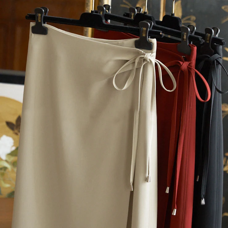 Damen Wickel-Midirock mit Taillenband und geradem Fall Nord Taschen