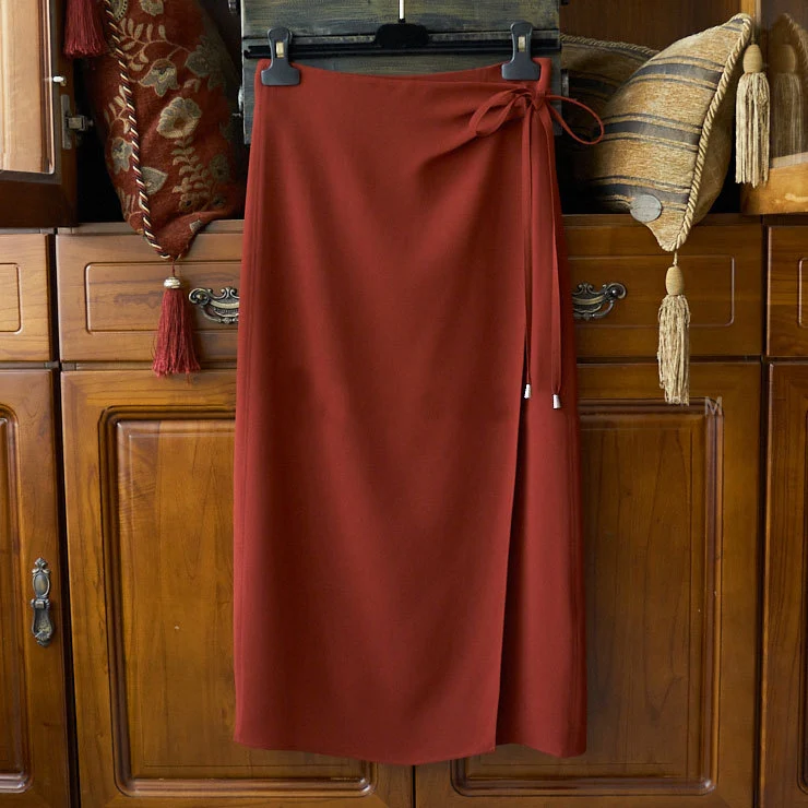 Damen Wickel-Midirock mit Taillenband und geradem Fall Nord Taschen