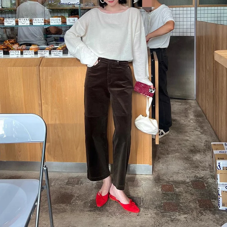 Damen Weite Cordhose mit hoher Taille, Cropped-Bein und Eingrifftaschen Nord Taschen