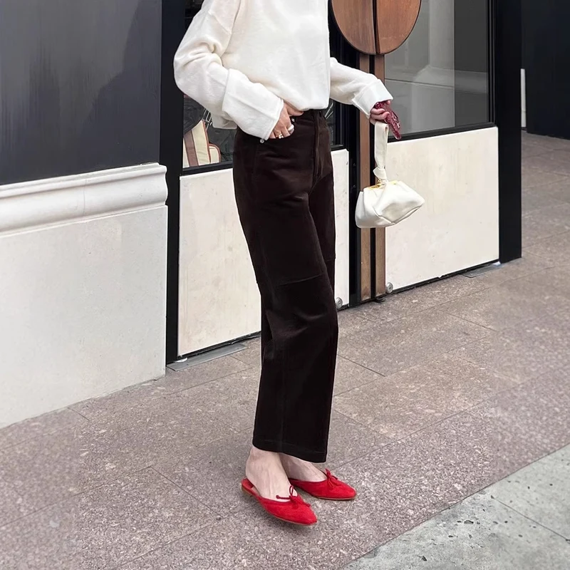 Damen Weite Cordhose mit hoher Taille, Cropped-Bein und Eingrifftaschen Nord Taschen